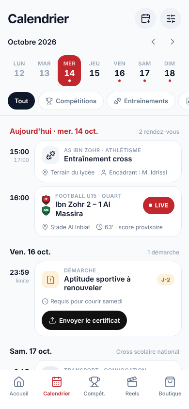 Capture de l’application mobile : calendrier