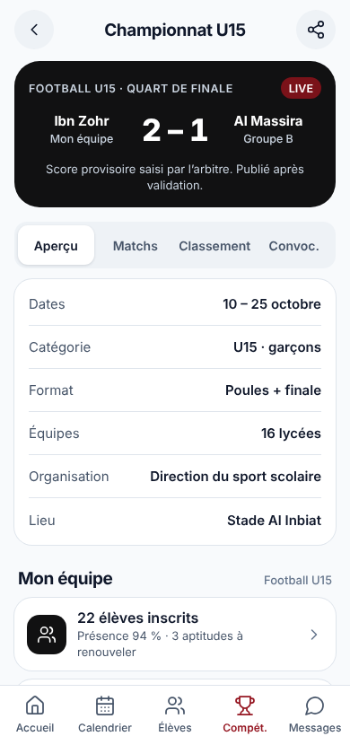 Capture de l’application mobile : score en direct