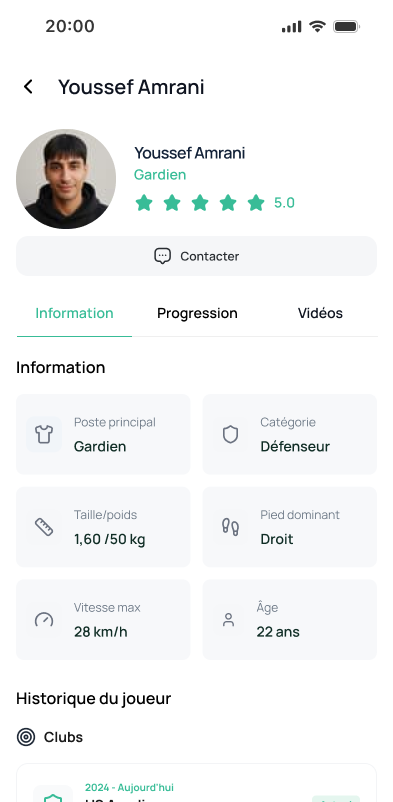 Capture de TANDIMI Coach : profil et historique d’un joueur